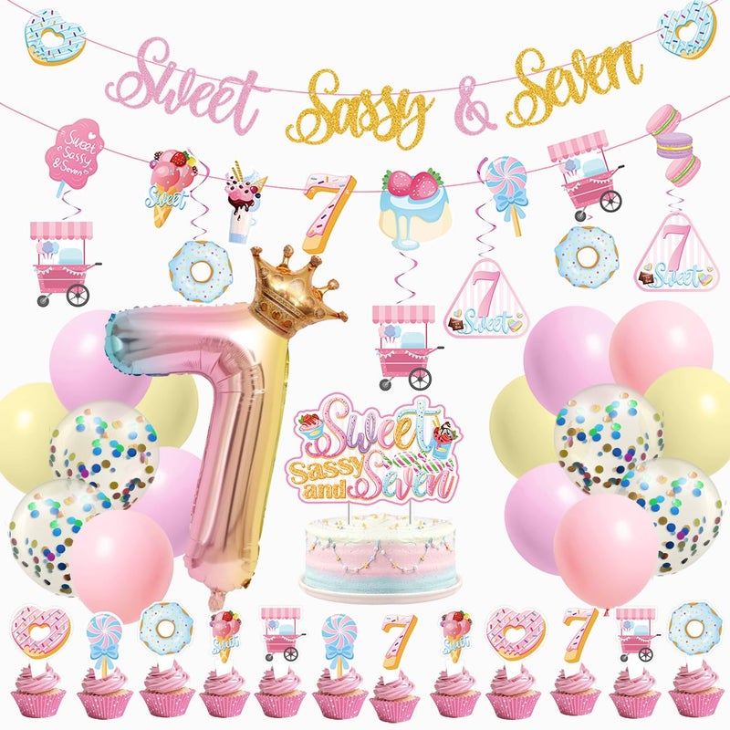 JUYRLE Sweet Sassy And Seven Birthday Decorations- 7th Birthday Decorations For Girls With Donut Banner Sweet Cake Topper 7th Foil Balloon For 7th Donut Themed Party Decor Sweet Seven Party Supplies - Image 1